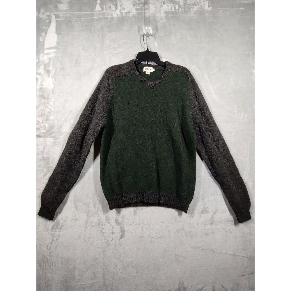 J.Crew‎ Mens XL Wool V-Neck Sweater Green Grey Colorblock Textured Knit Pullover